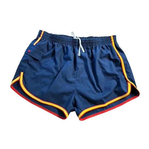Vintage Vtg Towncraft Swim Shorts Blue w Red Yellow TRIM Bathing Suit Trunks Med - Picture 1 of 7